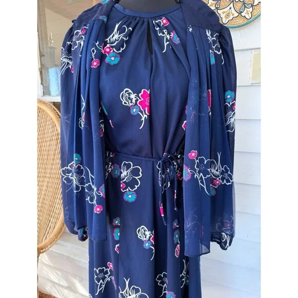 Vintage 70's MOD 2 Piece Dress Jacket Blue Pink Floral Size M Poly Knit - Picture 8 of 16